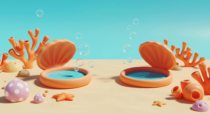 JPG 편집이미지 모래 바다 불가사리 사람없음 3D 주황색 바닷속 조약돌 조개껍데기 산호 놀이터 공기방울 편집3D AI컴퓨터그래픽 AI콘텐츠 컬러 놀이 조개 극피동물 수중 돌_바위 자포동물 디지털합성 파일형식