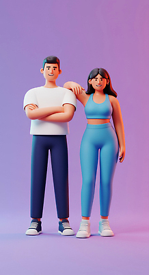 JPG 전신 편집이미지 라이프스타일 여자 남자 포즈 3D캐릭터 미소 성인 두명 운동복 3D 건강관리 보라색 성인만 챌린지 편집3D AI컴퓨터그래픽 AI콘텐츠 캐릭터 옷 캠페인 컬러 표정 건강 관리 사람 생활 디지털합성 파일형식