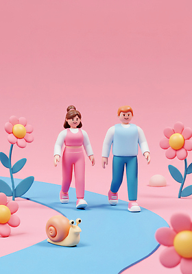 JPG 전신 편집이미지 라이프스타일 여자 남자 꽃 길 분홍색 3D캐릭터 미소 성인 두명 운동복 운동 3D 걷기 건강관리 달팽이관 성인만 챌린지 편집3D AI컴퓨터그래픽 AI콘텐츠 식물 캐릭터 옷 캠페인 컬러 모션 표정 건강 관리 사람 생활 디지털합성 파일형식