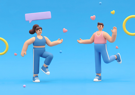 JPG 전신 편집이미지 라이프스타일 여자 남자 하늘색 말풍선 3D캐릭터 미소 성인 두명 운동복 운동 3D 손들기 건강관리 다리들기 성인만 챌린지 편집3D AI컴퓨터그래픽 AI콘텐츠 캐릭터 옷 캠페인 모션 표정 건강 관리 사람 생활 파란색 디지털합성 파일형식