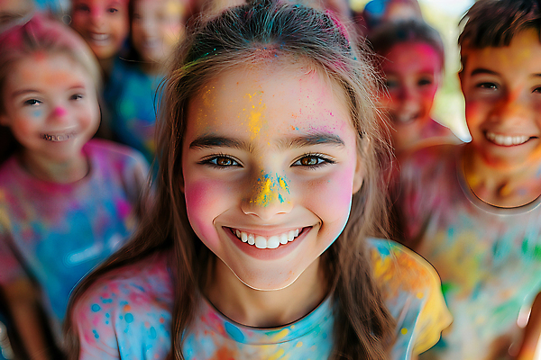JPG 편집이미지 여자 남자 어린이 웃음 소녀 소년 여러명 상반신 컬러풀 축제 페인트 물감 즐거움 의료성형뷰티 어린이만 묻힘 편집실사 AI인물포토 AI콘텐츠 감정 컬러 다수 모션 표정 사람 미술도구 CG 파일형식 AI포토