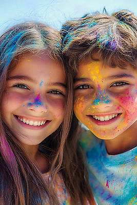 JPG 편집이미지 여자 남자 어린이 웃음 소녀 소년 상반신 두명 컬러풀 축제 페인트 물감 즐거움 의료성형뷰티 어린이만 묻힘 편집실사 AI인물포토 AI콘텐츠 감정 컬러 모션 표정 사람 미술도구 CG 파일형식 AI포토