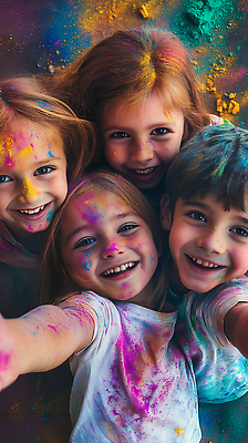 JPG 편집이미지 여자 남자 어린이 웃음 소녀 소년 여러명 상반신 컬러풀 손들기 축제 페인트 물감 즐거움 의료성형뷰티 어린이만 묻힘 편집실사 AI인물포토 AI콘텐츠 감정 컬러 다수 모션 표정 사람 미술도구 CG 파일형식 AI포토