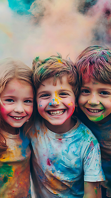 JPG 편집이미지 여자 남자 어린이 웃음 소녀 소년 상반신 세명 컬러풀 축제 페인트 물감 즐거움 의료성형뷰티 어린이만 묻힘 편집실사 AI인물포토 AI콘텐츠 감정 컬러 모션 표정 사람 미술도구 CG 파일형식 AI포토