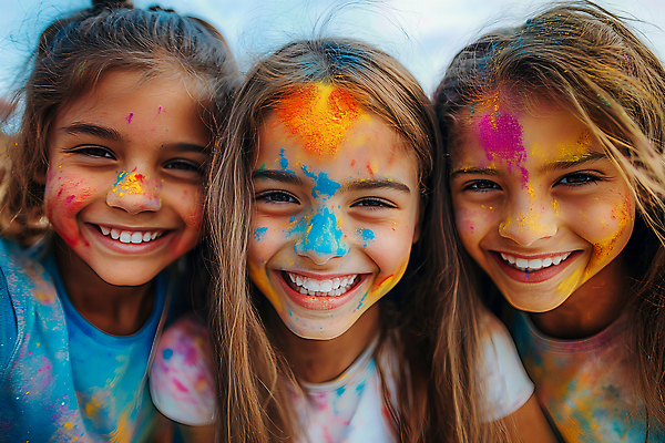 JPG 편집이미지 여자 어린이 웃음 소녀 상반신 세명 컬러풀 축제 페인트 물감 즐거움 의료성형뷰티 소녀만 묻힘 편집실사 AI인물포토 AI콘텐츠 감정 컬러 모션 표정 사람 미술도구 CG 여자만 어린이만 파일형식 AI포토