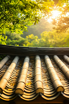 JPG 편집이미지 하늘 나뭇잎 한국 사람없음 햇빛 여름풍경 나뭇가지 기와지붕 편집실사 AI포토 AI콘텐츠 나무 아시아 잎 지붕 기와 풍경 태양 CG 파일형식 여름_계절