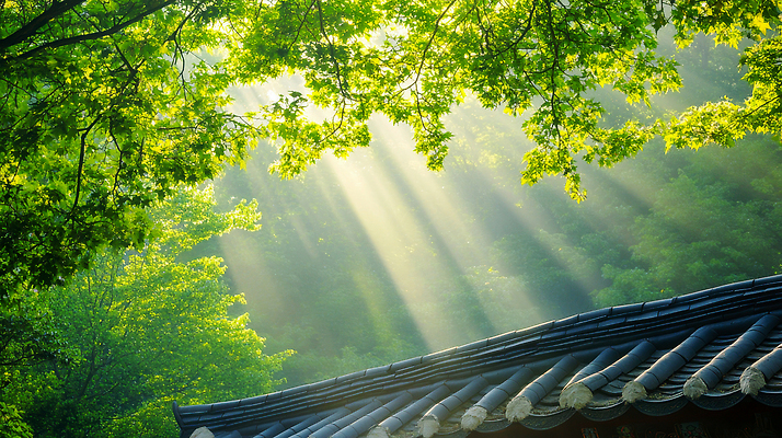 JPG 편집이미지 하늘 나뭇잎 한국 사람없음 초록색 햇빛 여름풍경 나뭇가지 산속 기와지붕 편집실사 AI포토 AI콘텐츠 나무 아시아 컬러 잎 지붕 산 기와 풍경 태양 CG 파일형식 여름_계절