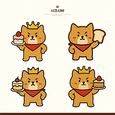 접시 허리손 일러스트 왕관 들기 사람없음 갈색 귀여움 스카프 체리 식빵 딸기케이크 미니케이크 시바견 일러캐릭터 AI파일 캐릭터 식기 빵 컬러 포즈 컨셉 과일 모션 딸기 케이크 목도리 개 파일형식 벡터