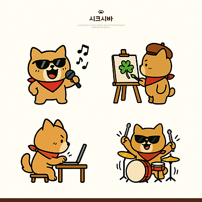 연주 의자 음표 일러스트 노래 들기 앉기 사람없음 노트북 선글라스 갈색 귀여움 스카프 타이핑 붓 그리기 책상 마이크 이젤 드럼 캔버스 드럼스틱 빵모자 세잎클로버 시바견 일러캐릭터 AI파일 식물 캐릭터 모자_잡화 기호 안경 음악 컬러 음향기기 가구 컨셉 모션 타악기 전자제품 목도리 미술도구 개 클로버 파일형식 벡터