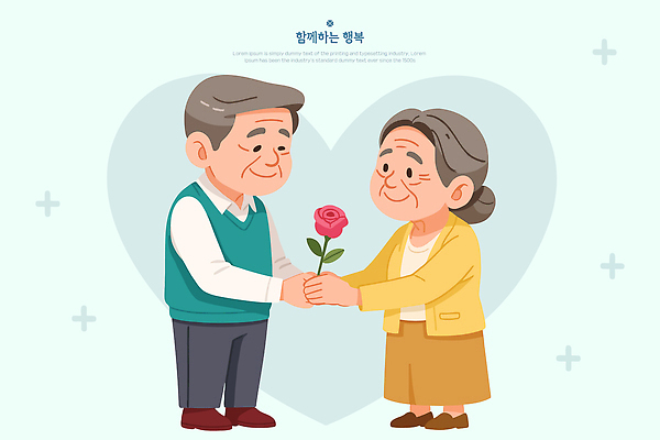 전신 여자 노년 남자 행복 하늘색 일러스트 함께함 미소 두명 장미 노부부 하트 주기 노인만 국내일러스트 AI파일 모양 부부 꽃 감정 컨셉 모션 표정 사람 성인 파란색 성인만 파일형식 벡터