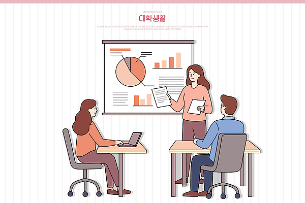 전신 여자 남자 대학생 일러스트 서기 미소 앉기 성인 세명 노트북 캠퍼스라이프 기록 발표 프레젠테이션 책상 문서 바퀴의자 성인만 일러캐릭터 AI파일 캐릭터 학생 라이프스타일 가구 의자 모션 표정 사람 전자제품 파일형식 벡터