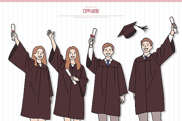 여자 남자 대학생 일러스트 학사모 미소 들기 여러명 성인 손들기 캠퍼스라이프 졸업가운 졸업장 성인만 일러캐릭터 AI파일 캐릭터 모자_잡화 학생 라이프스타일 다수 졸업 모션 표정 사람 가운 파일형식 벡터