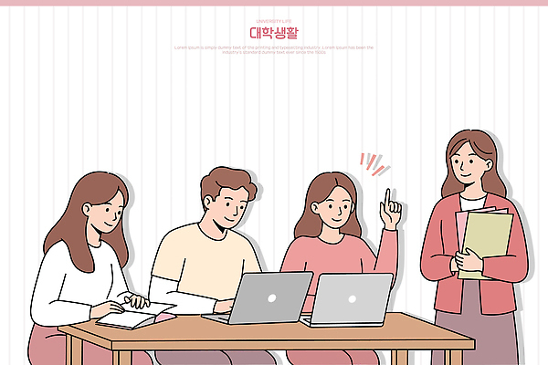 여자 남자 대학생 일러스트 미소 들기 여러명 성인 노트북 캠퍼스라이프 공책 가리킴 타이핑 책상 문서 성인만 일러캐릭터 AI파일 캐릭터 학생 라이프스타일 가구 다수 모션 문구용품 표정 사람 손짓 전자제품 파일형식 벡터