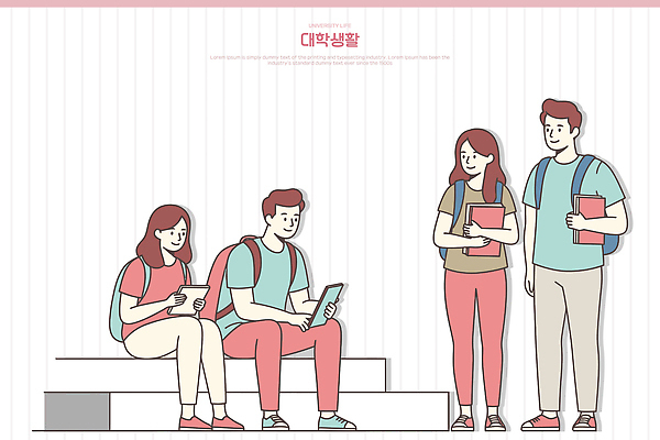 전신 여자 남자 대학생 일러스트 미소 들기 앉기 여러명 성인 책 계단 캠퍼스라이프 공책 백팩 성인만 일러캐릭터 AI파일 캐릭터 학생 라이프스타일 다수 가방 모션 문구용품 표정 사람 파일형식 벡터
