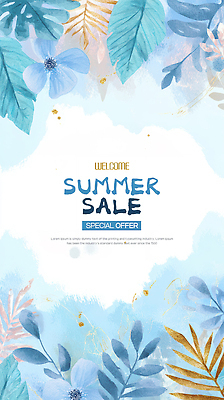 PSD 하늘색 잎 일러스트 수채화 사람없음 여름 세일 국내일러스트 식물 계절 파란색 파일형식