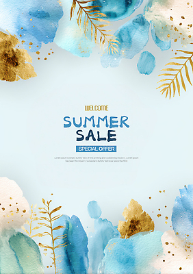 PSD 하늘색 잎 일러스트 수채화 사람없음 여름 세일 국내일러스트 식물 계절 파란색 파일형식