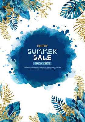 PSD 하늘색 잎 일러스트 수채화 사람없음 여름 세일 국내일러스트 식물 계절 파란색 파일형식