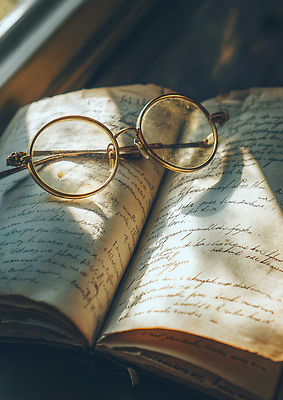 JPG 편집이미지 안경 그림자 사람없음 햇빛 펼침 앤티크 빈티지 분위기 클래식 소설_책 편집실사 AI포토 AI콘텐츠 잡화 컨셉 모션 태양 CG 문학 파일형식