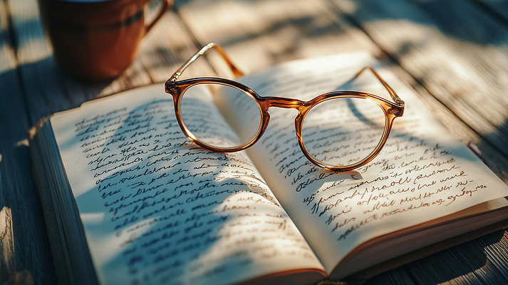 JPG 편집이미지 안경 그림자 사람없음 컵 햇빛 펼침 앤티크 빈티지 분위기 클래식 나무탁자 소설_책 편집실사 AI포토 AI콘텐츠 식기 잡화 컨셉 모션 탁자 태양 CG 문학 파일형식