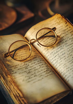 JPG 편집이미지 안경 그림자 사람없음 햇빛 펼침 앤티크 빈티지 분위기 클래식 소설_책 편집실사 AI포토 AI콘텐츠 잡화 컨셉 모션 태양 CG 문학 파일형식