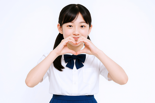 JPG 편집이미지 여자 교복 중학생 청소년 한명 미소 상반신 흰색 손하트 의료성형뷰티 십대여자한명만 편집실사 AI인물포토 AI콘텐츠 1 학생 옷 컬러 표정 사람 손짓 CG 여자한명만 십대여자만 파일형식 AI포토