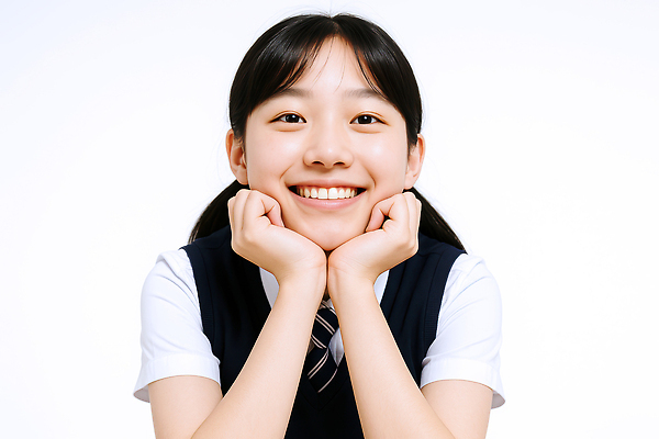 JPG 편집이미지 여자 교복 중학생 청소년 한명 웃음 상반신 턱괴기 흰색 의료성형뷰티 십대여자한명만 편집실사 AI인물포토 AI콘텐츠 1 학생 옷 컬러 모션 표정 사람 CG 여자한명만 십대여자만 파일형식 AI포토
