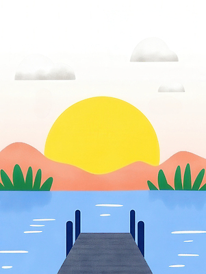 JPG 구름 호수 물결 잎 일러스트 산 사람없음 태양 일몰 여름풍경 가교 국내일러스트 AI일러스트 AI콘텐츠 자연요소 식물 건축물 풍경 노을 파일형식 여름_계절