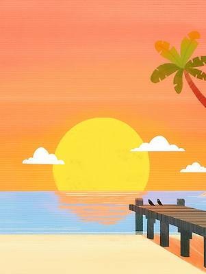 JPG 구름 일러스트 조류 하늘 해변 사람없음 야자수 태양 일몰 여름풍경 가교 국내일러스트 AI일러스트 AI콘텐츠 자연요소 나무 동물 건축물 바다 풍경 노을 파일형식 여름_계절