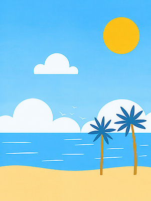 JPG 구름 일러스트 해변 사람없음 야자수 태양 여름풍경 새떼 수평선 국내일러스트 AI일러스트 AI콘텐츠 자연요소 나무 바다 조류 풍경 파일형식 여름_계절