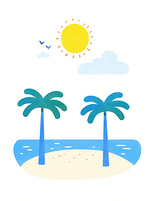 JPG 구름 섬 일러스트 해변 사람없음 야자수 태양 여름풍경 새떼 국내일러스트 AI일러스트 AI콘텐츠 자연요소 나무 바다 조류 풍경 파일형식 여름_계절