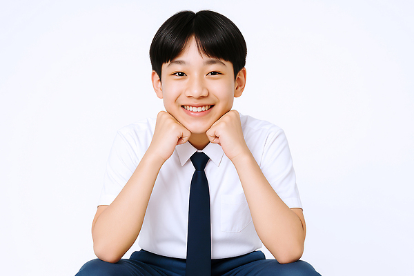 JPG 편집이미지 남자 중학생 청소년 한명 미소 상반신 턱괴기 흰색 하복 의료성형뷰티 십대남자한명만 편집실사 AI인물포토 AI콘텐츠 1 학생 교복 컬러 모션 표정 사람 CG 여름옷 남자한명만 십대남자만 파일형식 AI포토