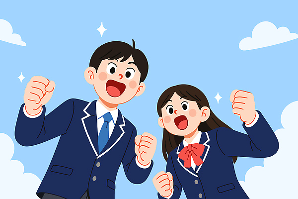 구름 여자 남자 교복 하늘색 일러스트 청소년 하늘 고등학생 웃음 상반신 두명 반짝임 파이팅 수능정복 십대만 국내일러스트 AI파일 자연요소 학생 옷 모션 표정 사람 파란색 수능 파일형식 벡터