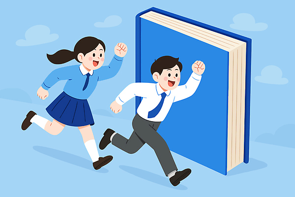 전신 여자 남자 교복 하늘색 일러스트 청소년 고등학생 웃음 두명 책 달리기 수능정복 십대만 국내일러스트 AI파일 학생 옷 모션 표정 사람 파란색 수능 파일형식 벡터