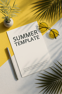 PSD 편집이미지 화분 종이 그림자 사람없음 여름 선글라스 펜 노란색 야자수잎 이미지편집 계절 안경 컬러 잎 필기구 파일형식