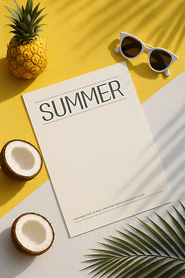 PSD 편집이미지 종이 단면 그림자 사람없음 여름 선글라스 노란색 파인애플 코코넛 야자수잎 이미지편집 계절 안경 컬러 잎 과일 열대과일 파일형식