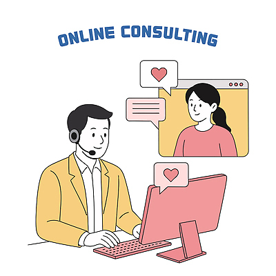 여자 남자 분홍색 말풍선 일러스트 미소 상반신 두명 노란색 모니터 헤드셋 하트 타이핑 키보드 상담 온라인 인터넷창 국내일러스트 AI파일 모양 컬러 음향기기 인터넷 표정 사람 컴퓨터 헤드폰 파일형식 벡터