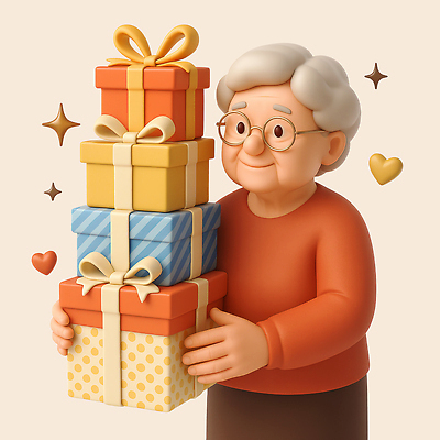 PSD 편집이미지 여자 노년 한명 미소 들기 상반신 선물상자 반짝임 쇼핑 3D 쌓기 하트 살구색 노인여자한명만 안경낌 편집3D 모양 1 안경 컬러 모션 표정 선물 사람 성인 상자 디지털합성 여자한명만 노인여자만 파일형식