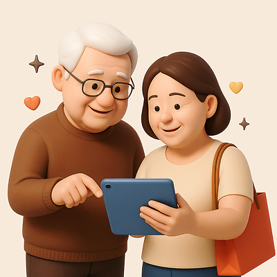 PSD 편집이미지 여자 노년 남자 중년 미소 들기 상반신 두명 반짝임 태블릿 쇼핑백 3D 하트 가리킴 살구색 안경낌 편집3D 모양 안경 컬러 가방 모션 표정 사람 손짓 성인 전자제품 스마트기기 디지털합성 파일형식