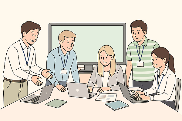 여자 남자 일러스트 응원 탁자 회의 협력 함께함 미소 정장 여러명 상반신 성인 노트북 손들기 파이팅 텔레비전 타이핑 비즈니스맨 비즈니스우먼 회의실 문서 사원증 성인만 국내일러스트 AI파일 옷 가구 다수 컨셉 비즈니스 모션 표정 사람 전자제품 직장인 파일형식 벡터