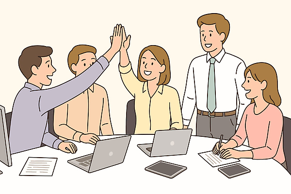 여자 남자 의자 일러스트 응원 탁자 협력 함께함 미소 정장 여러명 상반신 성인 노트북 태블릿 펜 파이팅 기록 잡기 비즈니스맨 비즈니스우먼 하이파이브 성인만 국내일러스트 AI파일 옷 가구 다수 컨셉 비즈니스 모션 표정 사람 손짓 전자제품 스마트기기 필기구 직장인 파일형식 벡터