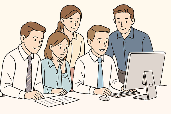 여자 남자 일러스트 응원 협력 함께함 미소 정장 여러명 상반신 성인 모니터 파이팅 턱괴기 타이핑 키보드 마우스 비즈니스맨 비즈니스우먼 책상 문서 성인만 국내일러스트 AI파일 옷 가구 다수 컨셉 비즈니스 모션 표정 사람 컴퓨터 컴퓨터용품 직장인 파일형식 벡터