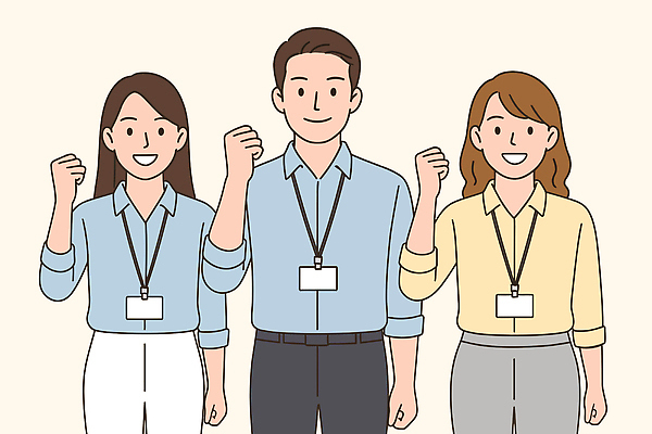 여자 남자 일러스트 응원 협력 함께함 미소 성인 세명 손들기 파이팅 주먹 비즈니스맨 비즈니스우먼 사원증 성인만 국내일러스트 AI파일 컨셉 비즈니스 모션 표정 사람 직장인 파일형식 벡터