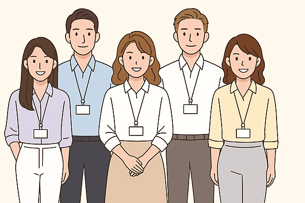 여자 남자 일러스트 응원 협력 함께함 미소 여러명 성인 파이팅 비즈니스맨 비즈니스우먼 뒷짐 손모양 사원증 성인만 국내일러스트 AI파일 모양 다수 컨셉 비즈니스 모션 표정 사람 직장인 파일형식 벡터 손_신체부위