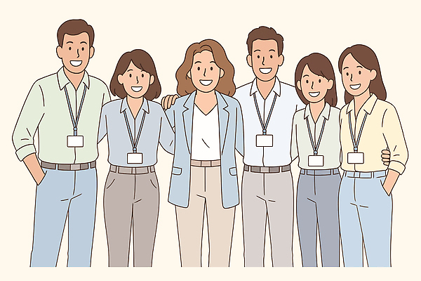 여자 남자 허리손 일러스트 응원 어깨동무 협력 함께함 미소 여러명 성인 파이팅 비즈니스맨 비즈니스우먼 주머니손 사원증 성인만 국내일러스트 AI파일 포즈 다수 컨셉 비즈니스 모션 표정 사람 직장인 파일형식 벡터