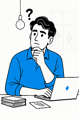 남자 일러스트 전구 표정 관리 한명 상반신 성인 책 파란색 노트북 턱괴기 물음표 비즈니스맨 고민 문서 성인남자한명만 국내일러스트 AI파일 1 기호 감정 컬러 비즈니스 모션 사람 전자제품 직장인 남자한명만 성인남자만 파일형식 벡터
