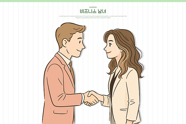 여자 남자 일러스트 악수 미소 상반신 성인 두명 비즈니스맨 비즈니스우먼 성인만 국내일러스트 AI파일 비즈니스 표정 사람 손짓 직장인 파일형식 벡터
