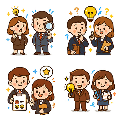 전신 여자 남자 별 말풍선 서류가방 일러스트 전구 돋보기 미소 들기 정장 여러명 상반신 성인 반짝임 연필 물음표 가리킴 스프링노트 서류판 주식투자 성인만 국내일러스트 AI파일 자연요소 기호 옷 다수 가방 모션 학용품 표정 사람 손짓 필기구 사무용품 공책 주식 투자 파일형식 벡터