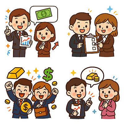 여자 남자 화살표 말풍선 지폐 서류가방 일러스트 미소 들기 정장 여러명 상반신 성인 반짝임 펜 손들기 달러 동전 가리킴 상승 손모으기 금괴 서류판 주식투자 성인만 국내일러스트 AI파일 옷 다수 컨셉 돈 가방 모션 표정 사람 손짓 필기구 사무용품 황금 주식 투자 파일형식 벡터