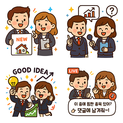 여자 남자 화살표 말풍선 일러스트 전구 그래프 주택 아이디어 미소 들기 정장 여러명 성인 반짝임 스마트폰 손들기 물음표 가리킴 압정 마이크 문서 상승 인터뷰 다리들기 서류판 주식투자 성인만 국내일러스트 AI파일 기호 옷 음향기기 다수 컨셉 모션 표정 사람 손짓 건물 핸드폰 스마트기기 사무용품 주식 투자 파일형식 벡터