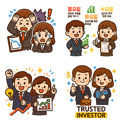 여자 남자 화살표 서류가방 일러스트 전구 그래프 미소 들기 정장 여러명 상반신 성인 책 반짝임 손들기 달러 가리킴 하락 상승 따봉 서류판 주식투자 성인만 국내일러스트 머리짚기 AI파일 옷 다수 컨셉 돈 가방 모션 표정 사람 손짓 사무용품 최고 주식 투자 파일형식 벡터